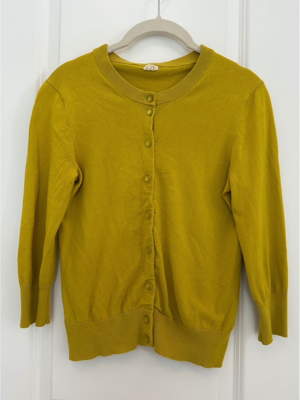 J.Crew Mustard Yellow Cotton Jackie Cardigan Sweater Small Preppy 3/4 Sleeve